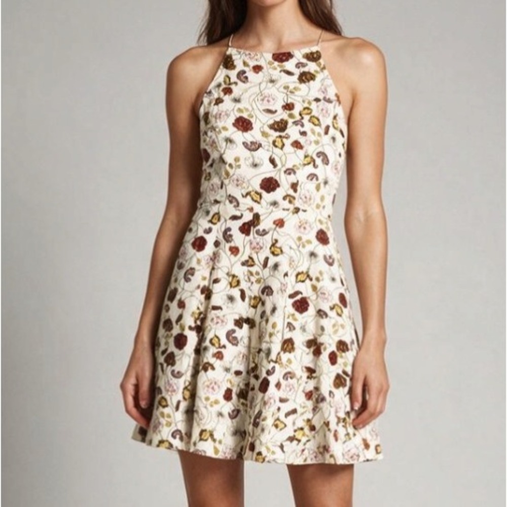 DOE & RAE Anthropologie LINEN White/Red/Purple FLORAL Back Zip A-Line Dress Sz M